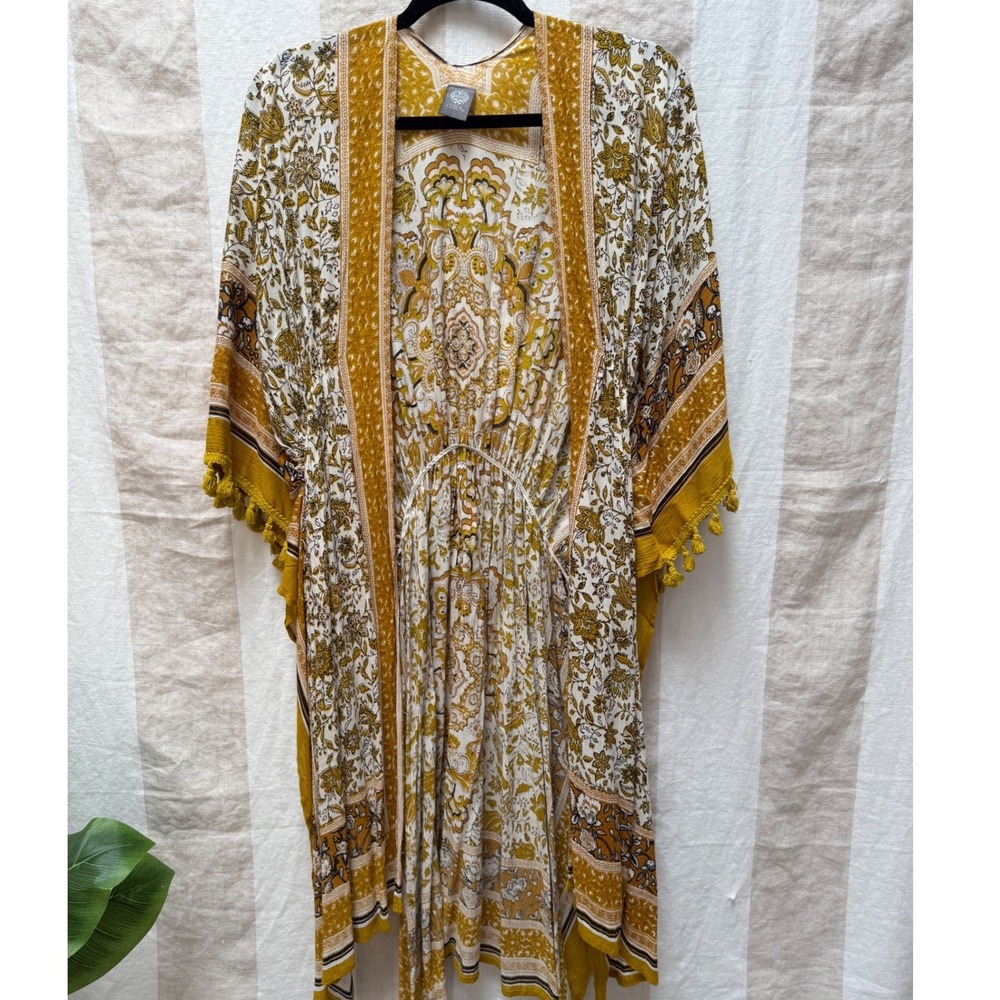 Vince Camuto‎ Kimono Style Topper Bohemian Paisley Yellow Tassel Trim One Size